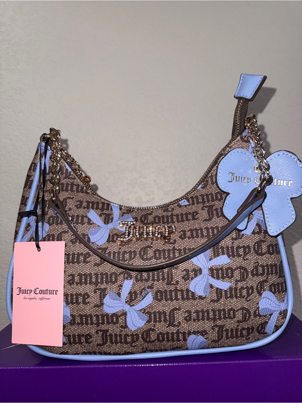 Juicy Couture Brown & Light Blue Logo Bow Shoulder Bag